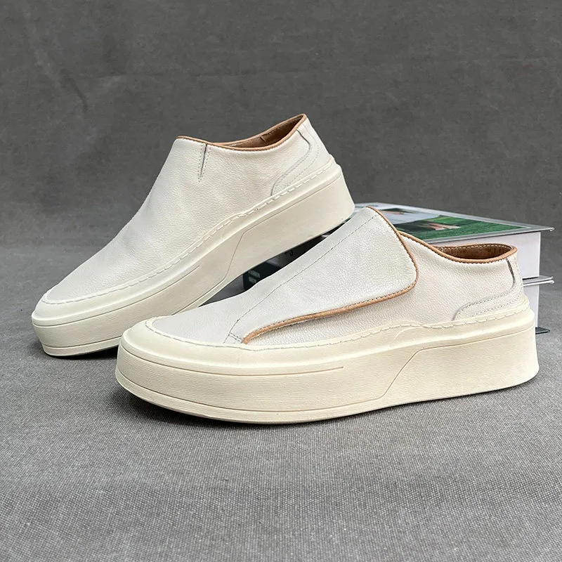 Simple Design Men Sneakers Genuine Leather Walking Shoes Mules Thick Platform Sole Ladies Daily Casual Skate Shoes