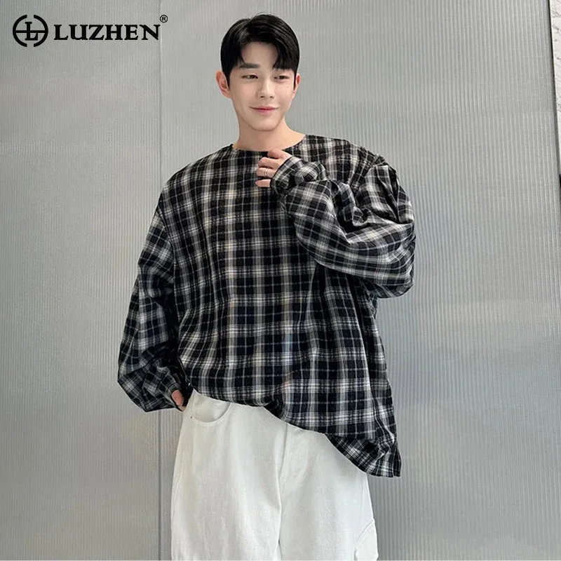 

LUZHEN Elegant Handsome Round Neck Loose Long Sleeve Shirts Pullover Men's 2025 Autumn Plaid Printed Casual Male Clothes JY4121