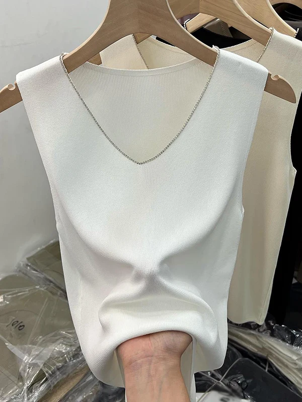 Ice Silk Knitted Strap Vest Women's Summer New Suit Inner Sleeveless Top Small Shirt V-neck Casual Style Regular Length