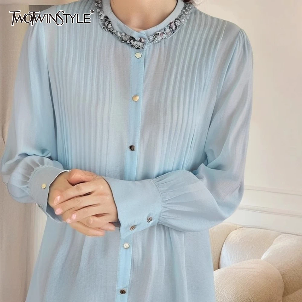 TWOTWINSTYLE Solid Spliced Diamonds Loose Blouses for Women O Neck Long Sleeve Temperament Shirt Female Fashion New