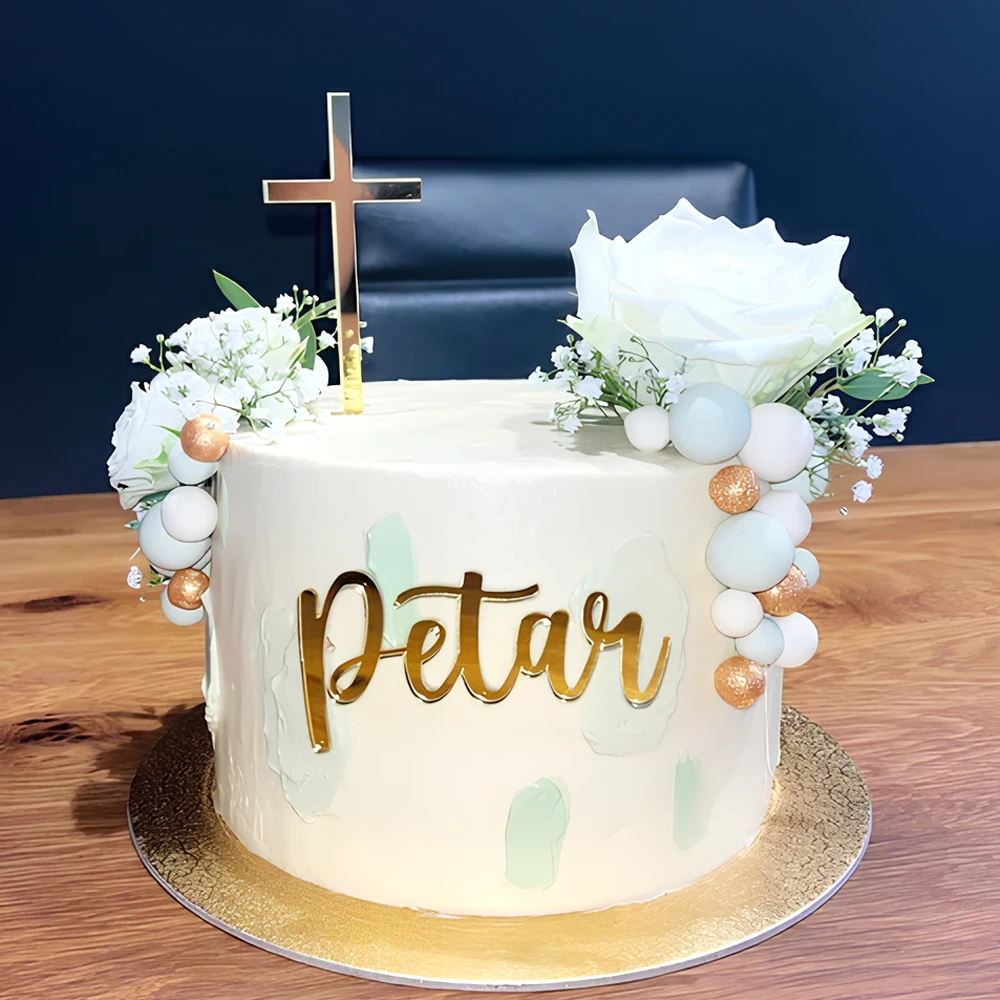 Laser Cut Acrylic Cake Topper, Baptism Cake Decoration, Baptism Name and Cross, Christening Cake Topper