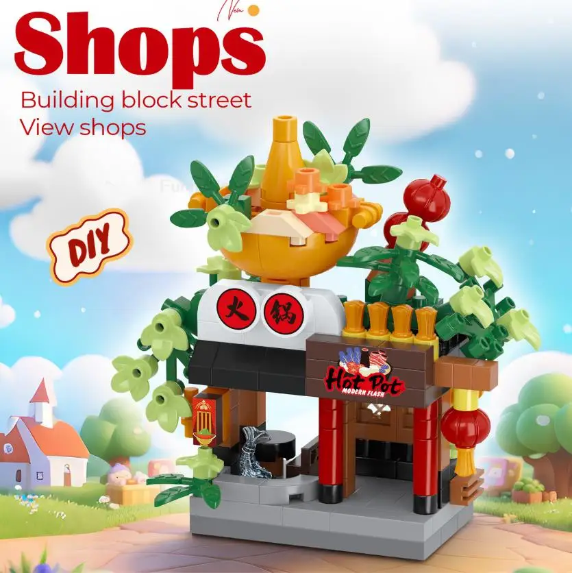 Grappige bibliotheek Snoepwinkel Dierenwinkel Brood Straatzicht Koffieshop Stad Miniatuur Kleine bouwstenen Ornamenten Winkel DIY Speelgoed