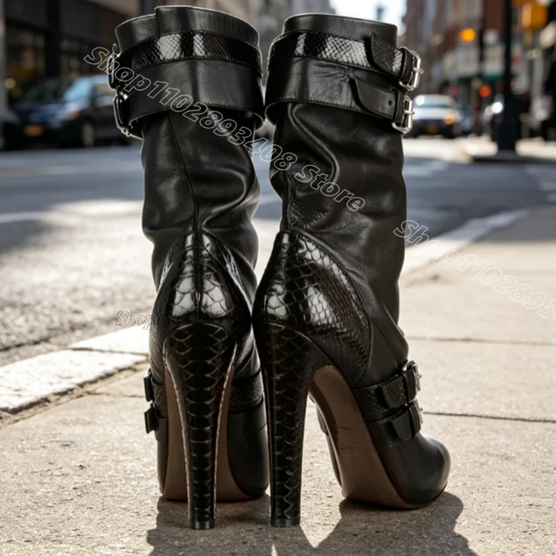 Black Belt Buckle Patchwork Design Boots Chunky Heels New Stylish Design for Women Dress Party Sexy Boots Zapatos Para Mujere