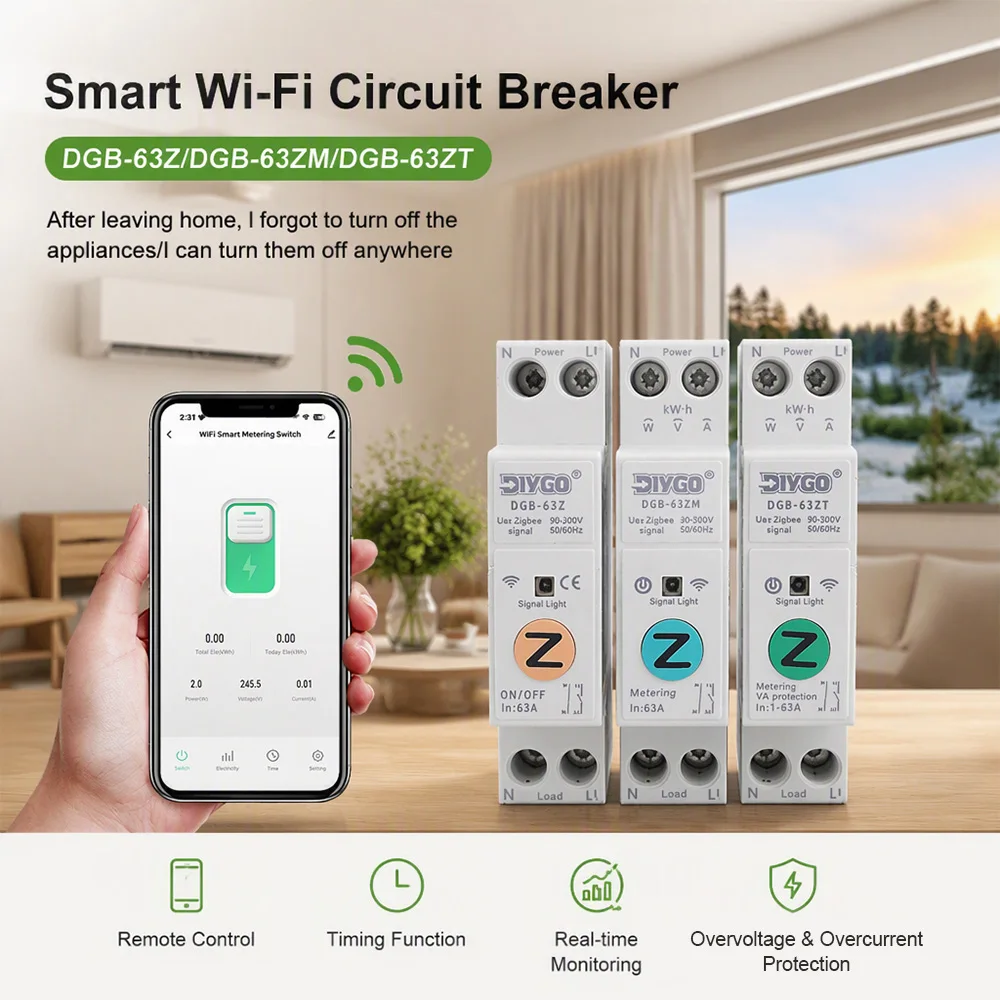 WIFI Circuit Breaker Real-Time Monitoring Over/Under Voltage Protection Current Power Protect Wireless Remote Control 63A Zigbee