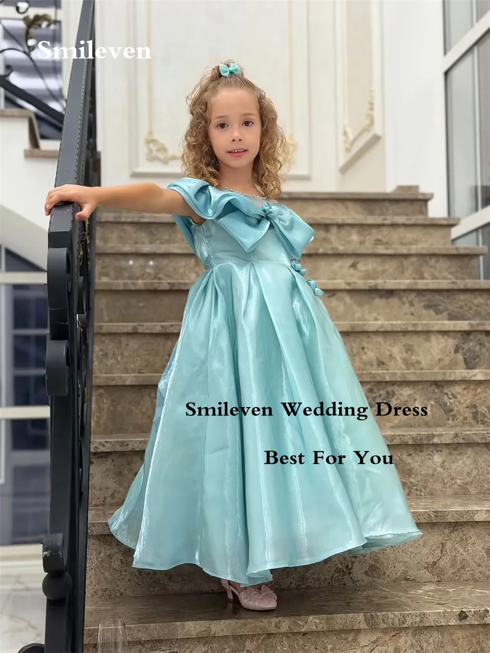 Smileven Blue Shiny Satin Off‑Shoulder Flower Girl Dresses Bow A‑Line Kids Party Dress Ankle Length Communion Gowns Customized