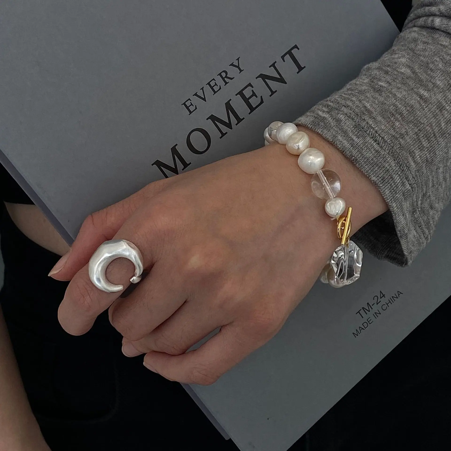 INS Natural Fresh Water Baroque Pearl Bracelet Rings Set for Women Girls S925 Silver and Crystal Irregular OT Buckle Jewelry Set