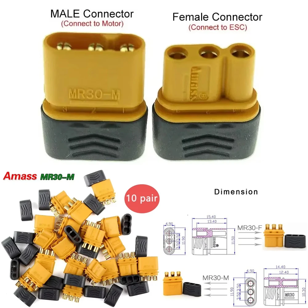 10 Pairs Amass MR30 Male Female Connector Plug Gold-plated with Sheath Housing for RC Lipo Battery Multicopter Airplane Original