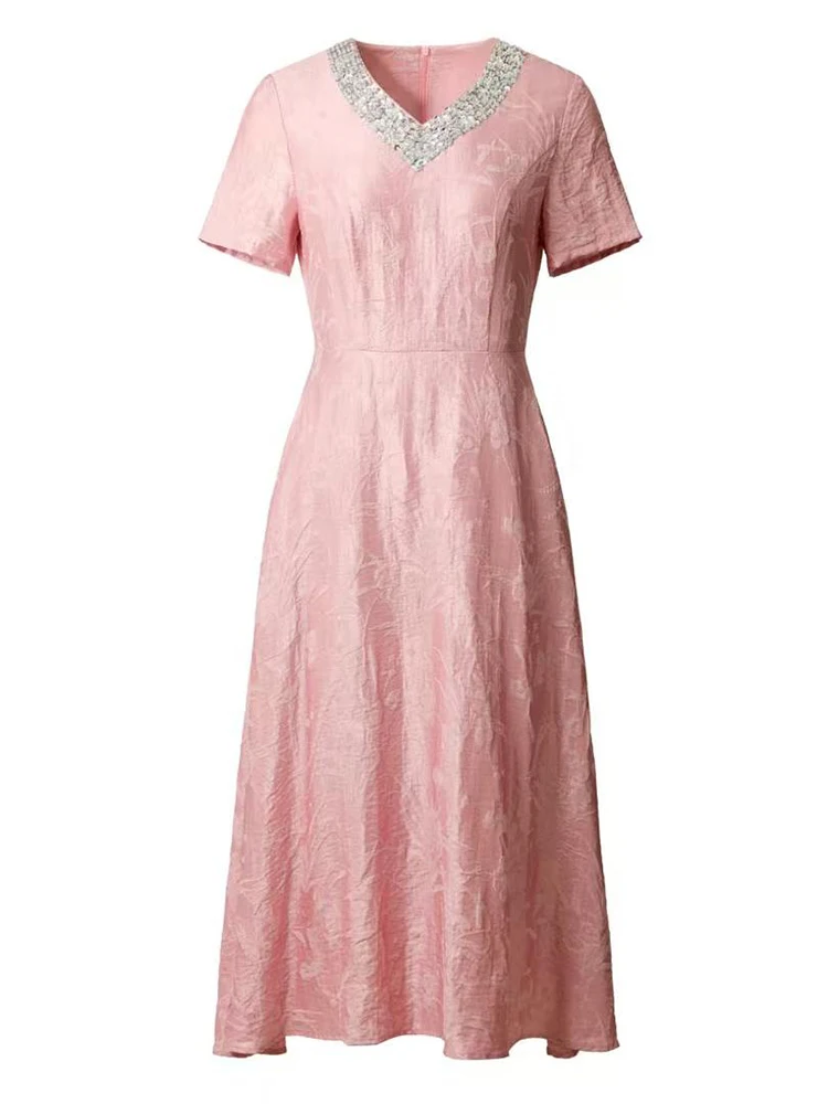 JUNLINNA Fashion Women Jacquard Dress Summer V Neck Rhinestone Beading  Short Sleeve High Street Lady Waist Sliming Midi Vestidos - AliExpress  200000345
