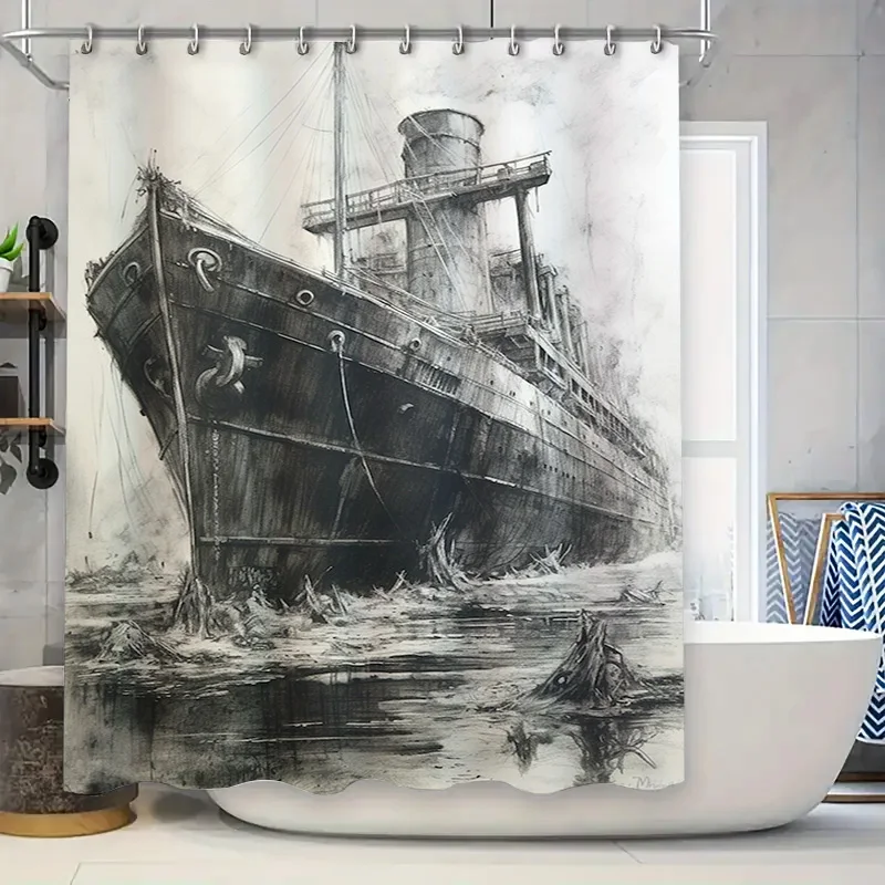 

Винтажная занавеска для душа Steamship, серо-белая морская конструкция для украшения ванной комнаты, художественная брезентная печать, водонепроницаемая ткань