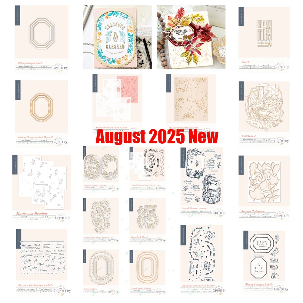 

2025 August New Metal Cutting Dies Stamps Stencils Hot Foil DIY Photo Album Handmade Capsule Cameos: Autumn Thankful & Blessed