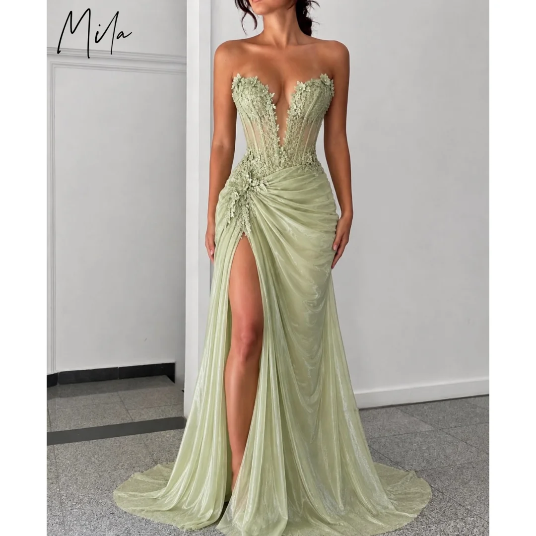 Mila Custom Sage Green Strapless Deep V Neck 3D Floral Sheer Corset High Slit Prom Dress Long Train Formal Evening Party Gown