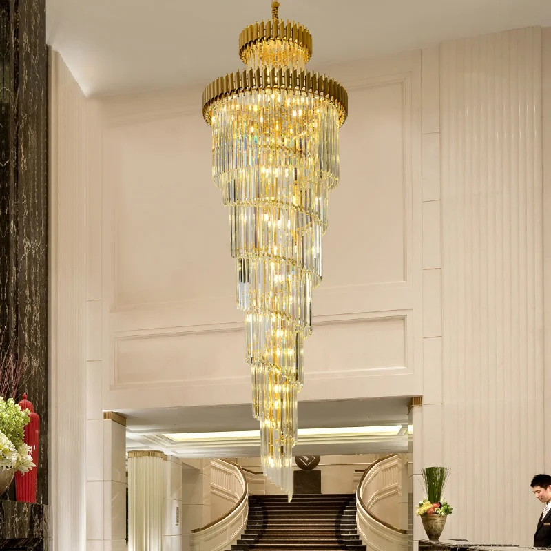 Imagem -02 - Yunyi-lustre Espiral Escada Redonda Interior Luxo Moderno Grande Ouro Cor Preta Suspensão Escadaria do Lobby Cristal