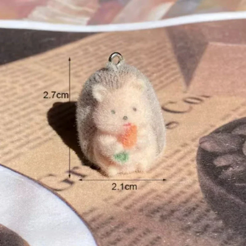 20Pcs 3D Cute Flocking Hedgehog Charms Cartoon Plush Mini Animal Resin Pendant For Bag Keychain Earrings DIY Crafts Jewelry Make