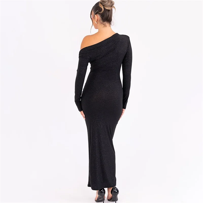 Black Evening Dress Full Sleeves Sexy One Shoulder Long Formal Casual Sheath Prom Party Dress Robe De Mariée