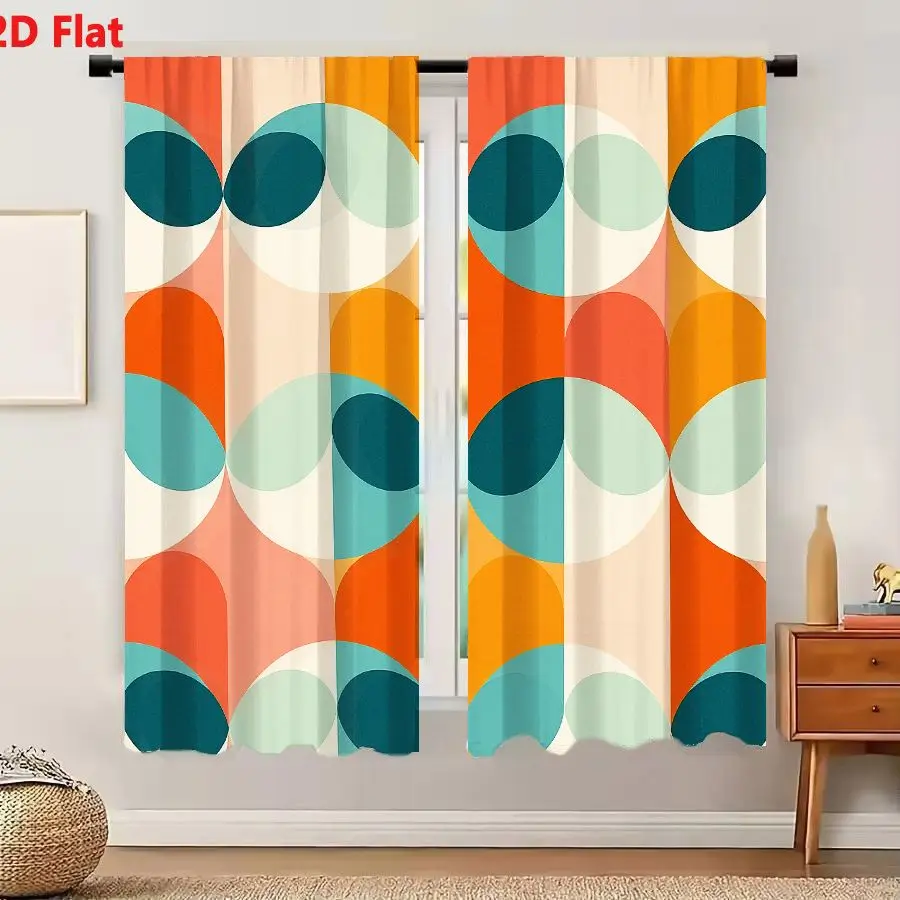 2Pcs Curtains 2D Flat Vibrant Retro Geometric Pattern With Warm Earthy Tones And Cool Teal Accents In Mid Century Modern Style W