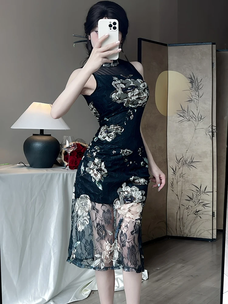 ผู้หญิงเกาหลี Vintage Hepburn ชุดราตรีหรูหราฤดูร้อนสีดํา Jacquard ดอกไม้ Hollow Out ชุดเซ็กซี่ 2025 Elegant Bodycon Dress