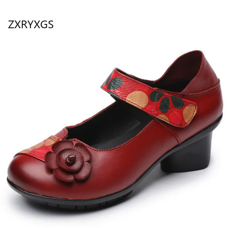 

ZXRYXGS Genuine Leather Printing Flowers Shoes Ladies' Banquet Wedding Shoes 2025 New Elegant Comfortable Middle Heel Shoe Tide