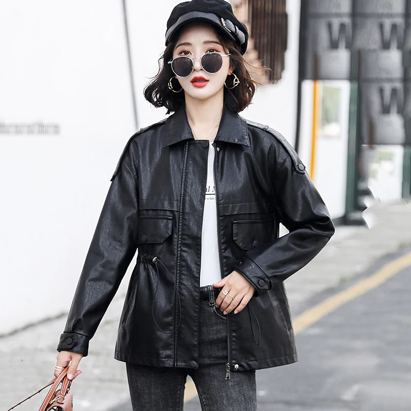 Leather New Jacket Women Spring Autumn 2023 Fashion Moto Biker Coat Drawstring Loose Sheep Leather Tops Sheepskin Trench Coat