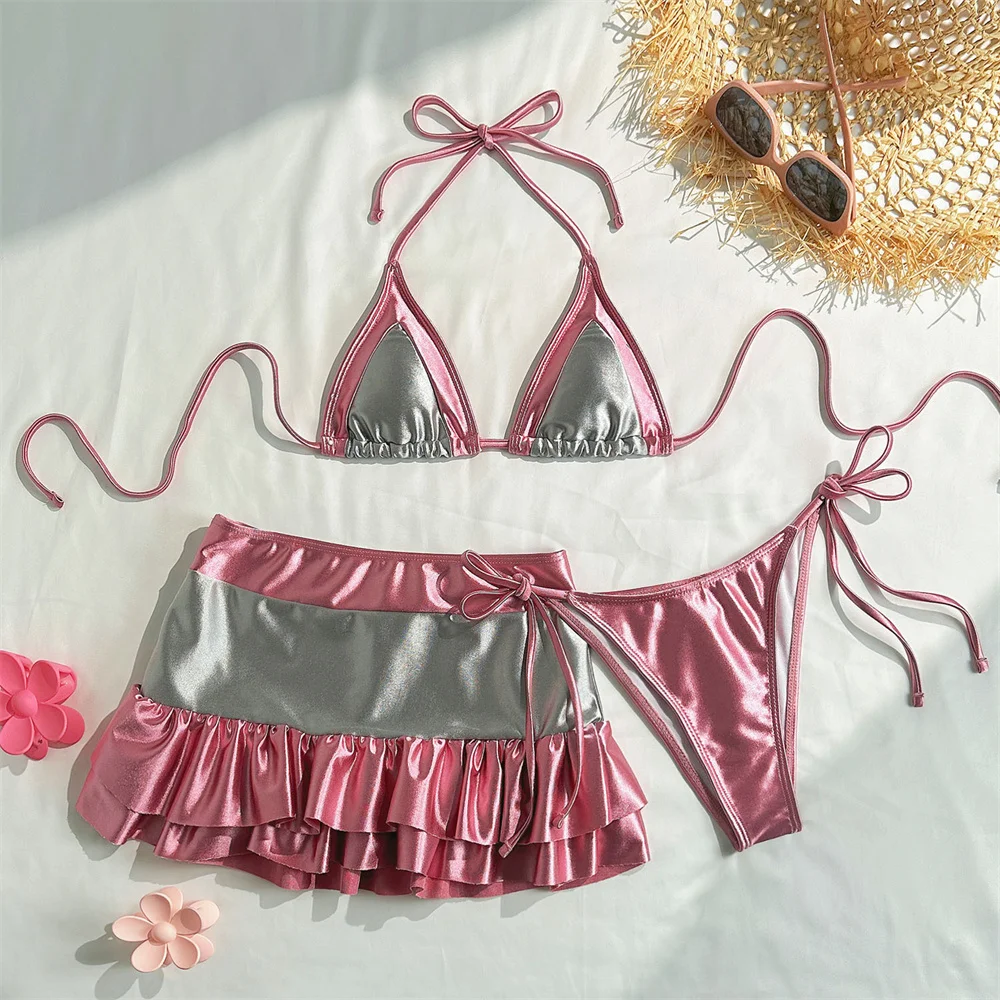 

Cute Sexy Ruffled Bikini Skirt Shiny Pink Silver Swimsuit Backless Korean Y2K Swimwears Woman Vacation Outfit Beach Bathing Suit