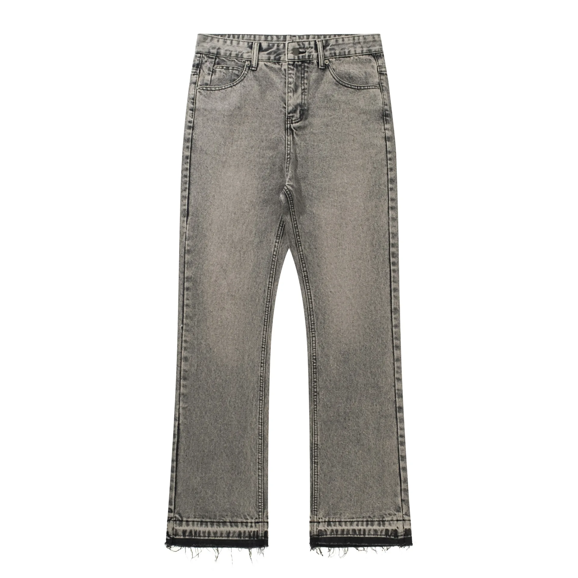 Men American Smoke Gray Fringe Vintage Cement Gray Casual Denim Long Trousers High Street Distressed Washed Pants