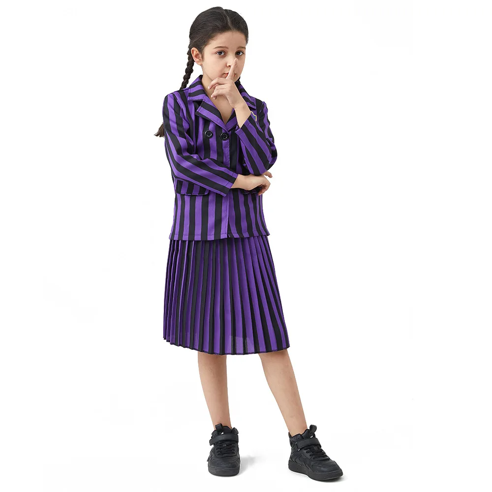 Wednesday Kids Girls Women Nevermore Academy School Uniform Cosplay Costume Family Halloween Birthday Party Clothes Wig