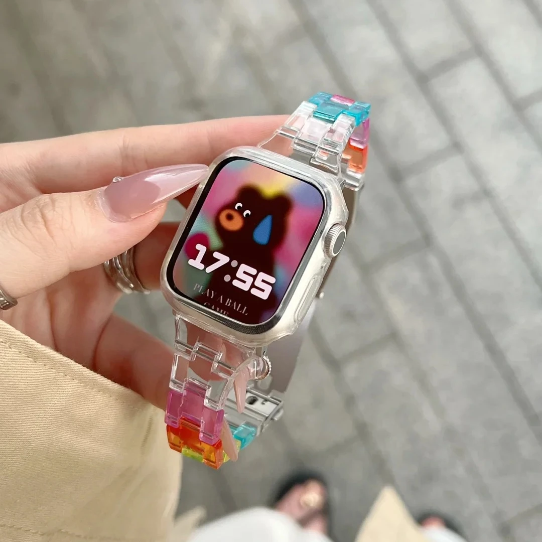 Transparent Resin Strap for Apple Watch Band 42mm 40mm Correa 44mm 38mm Smart Rainbow Bracelet Iwatch Series 8 7 6 5 4 SE 9