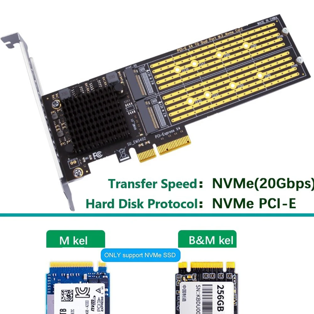 A46U SSU PCI-E X4 to Dual NVMe PCIe Adapter,M.2 NVMe SSD to PCI-E X8/X16 Card Support M.2 (M Key) NVMe SSD 22110/2280/2260/2242