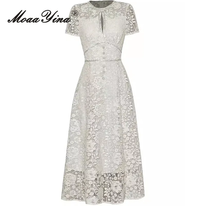 MoaaYina Fashion Design Summer Women’s Dress Lace Short-Sleeved Crystal Beading Hollow Out Elegant Gorgeous Dresses