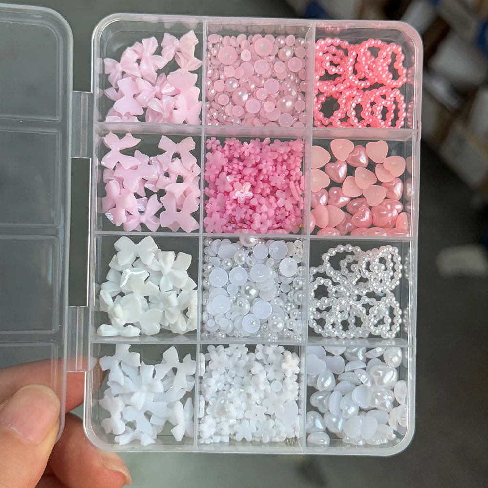 12 griglie 3D caramelle colorate perle nail art charms metà tondo perlescente rosa/bianco/blu perle miste gioielli per unghie Kawaii nail dicembre