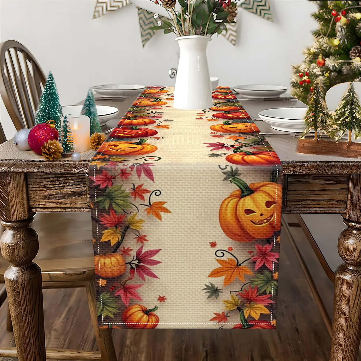1 Piece of Halloween Pumpkin Vine Themed Table Runner, Decorated with Pumpkin Lanterns, Autumn Leaves, and Vines, Suitable for Holiday Parties and Dark-Themed Decorations