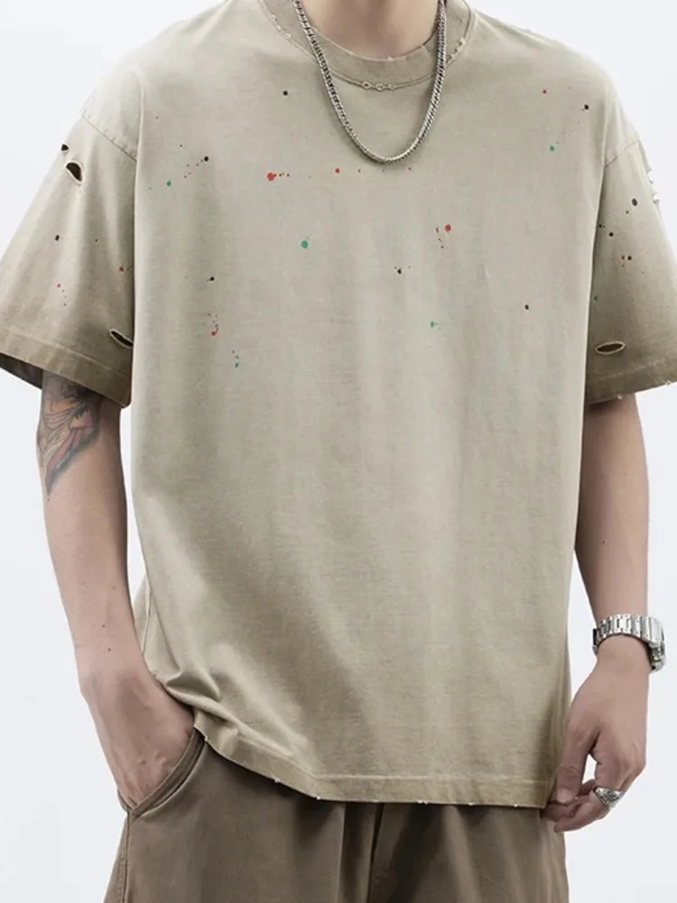 Oversized Vintage Men Washed T Shirt Splatter Print Distressed Hem Casual Streetwear Short Sleeve Top Summer Fashion 1P3H