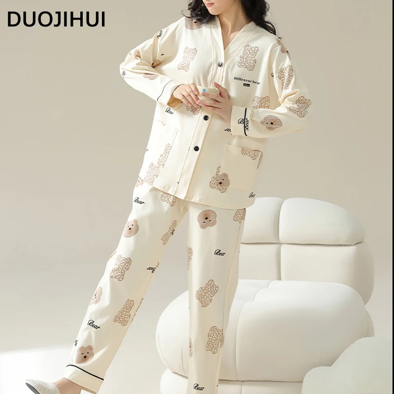 DUOJIHUI Autumn Fashion Printed Female Pajamas Set Chic Button Cardigan Basic Pant Loose Simple with Chest Pad Pajamas for Women