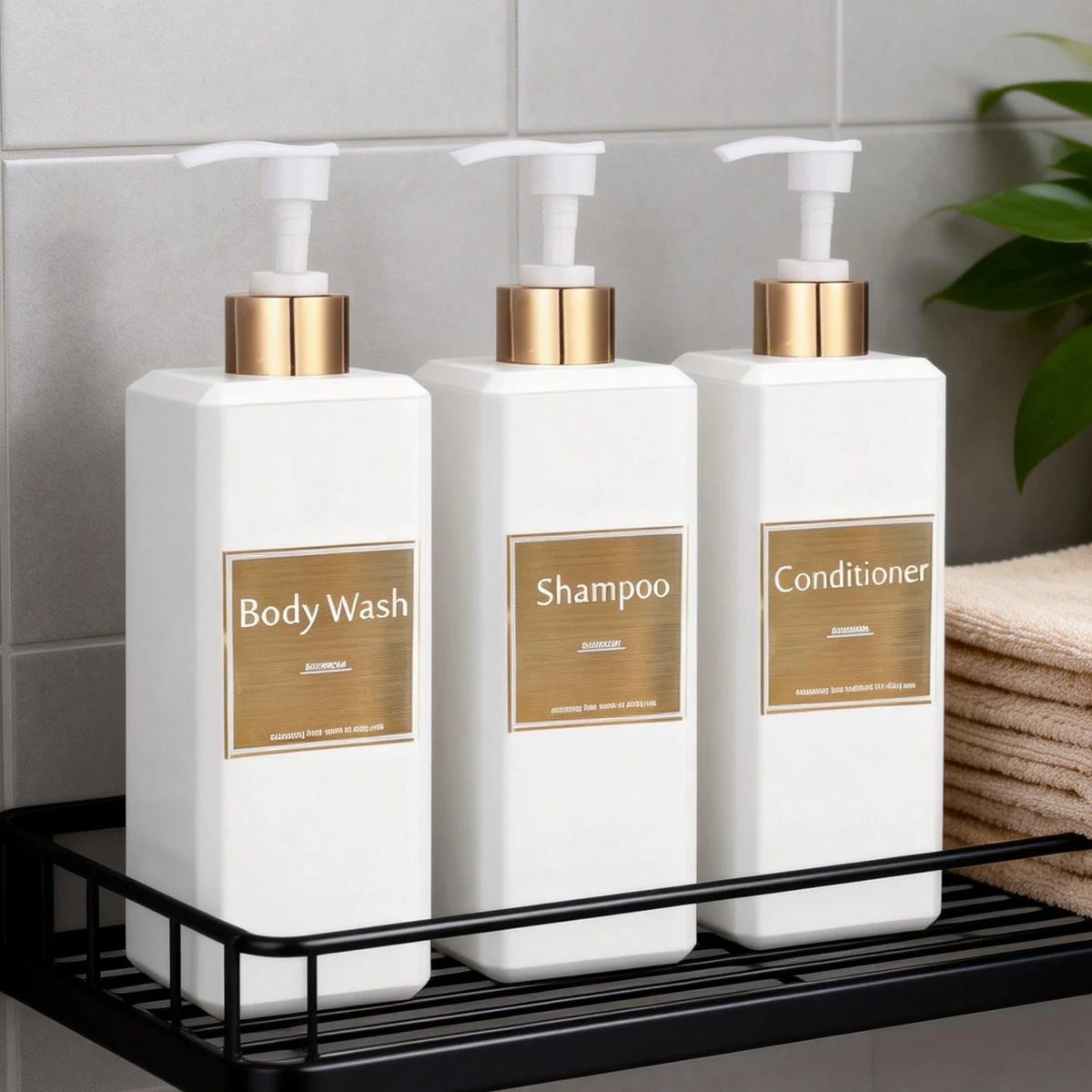 500ml/16,9oz Shampoo-Spenderpumpflasche mit Gold-Wasserfesten Etiketten Badezimmer Shampoo Conditioner Duschgel Flaschen