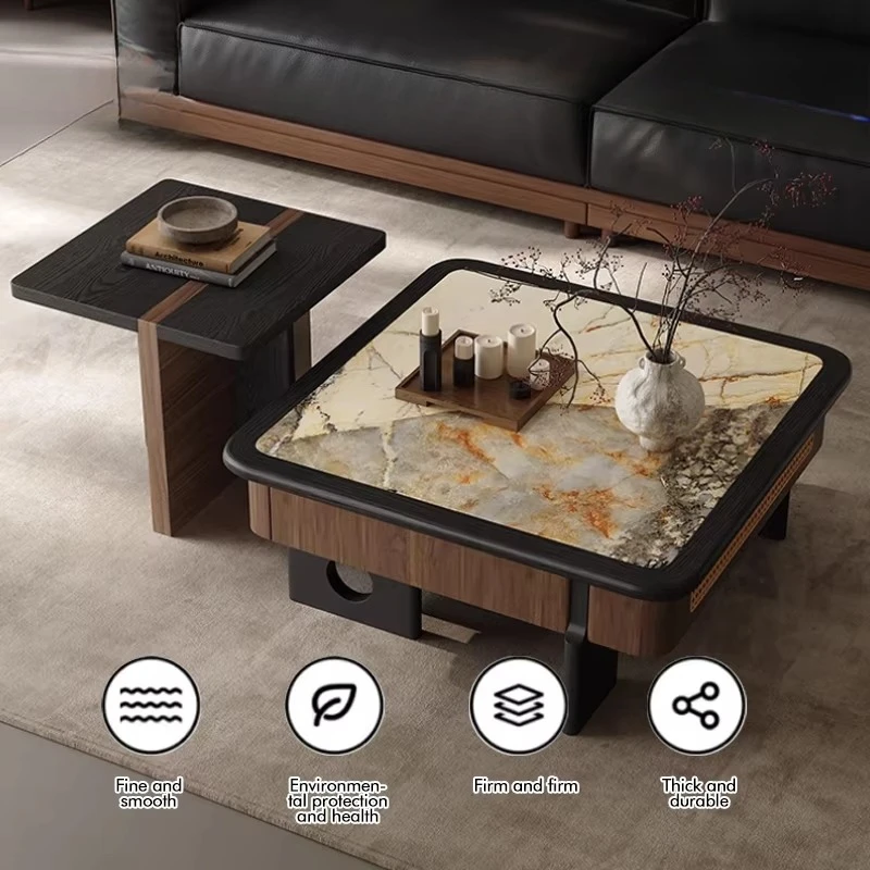ak-Century Modern Walnut Colour Coffee Table Small Living Room Square Sintered Stone End Table New Woven Rattan Craft Tea Table%
