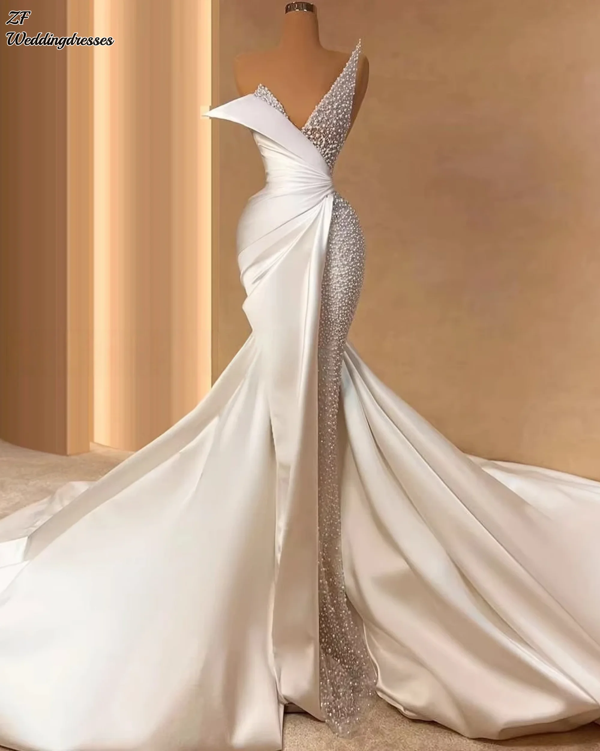 فساتين زفاف حورية البحر أنيقة مخصصة بدون حمالات لؤلؤة ترتر فساتين زفاف بدون أكمام فساتين فيستدو دي نوفيا