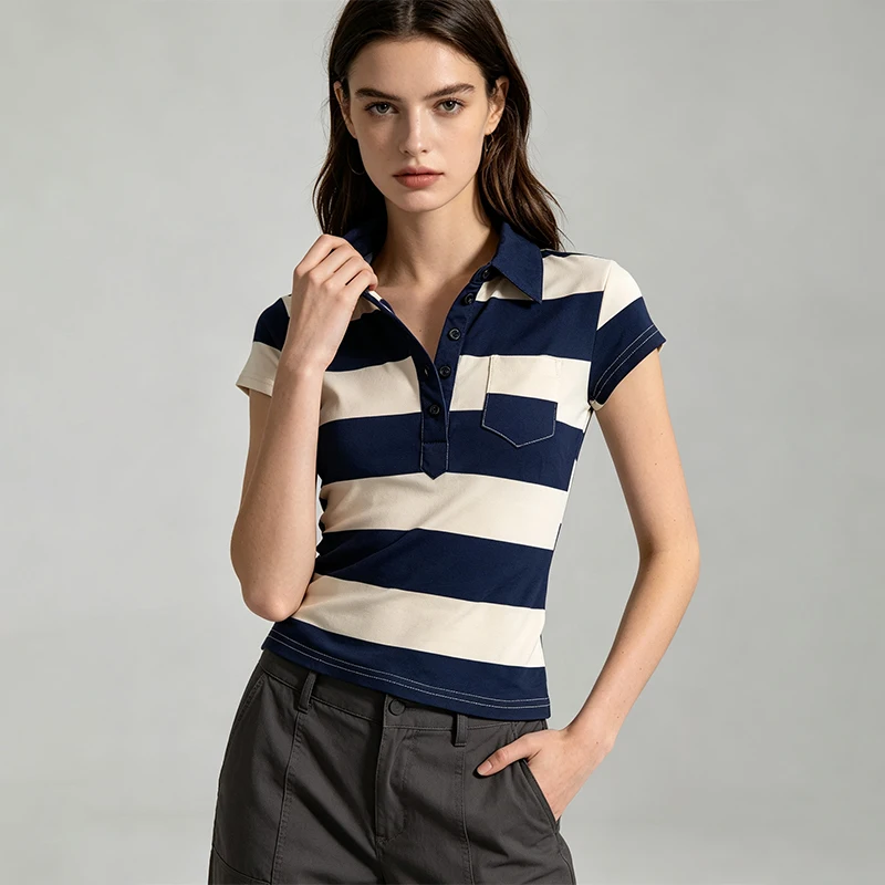 2026 Summer Women Preppy Style Polo Shirt Beige Stripe Short Sleeve Top Half Placket Buttons  Pocket Slim Fit Casual Tee For