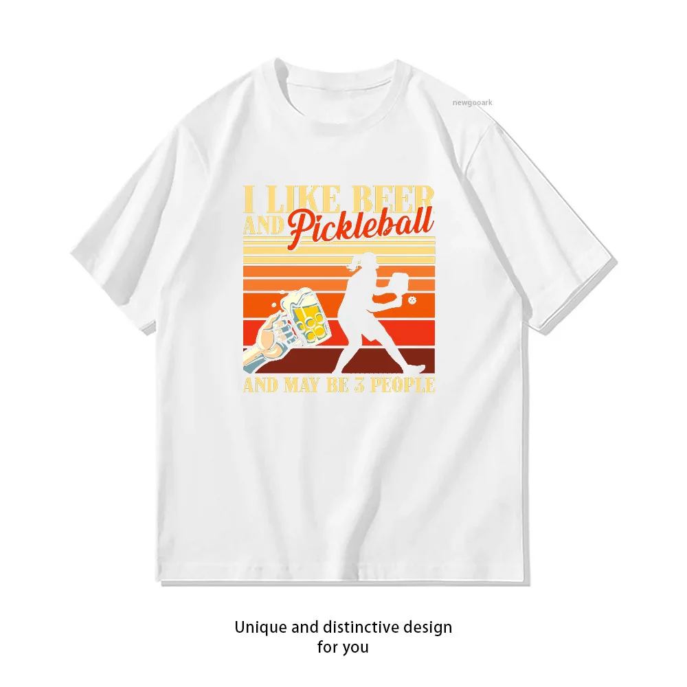 Camiseta esencial con estampado gráfico de algodón para hombre y mujer, ropa informal para adultos, I Like Beer And Pickleball and may be 3 people