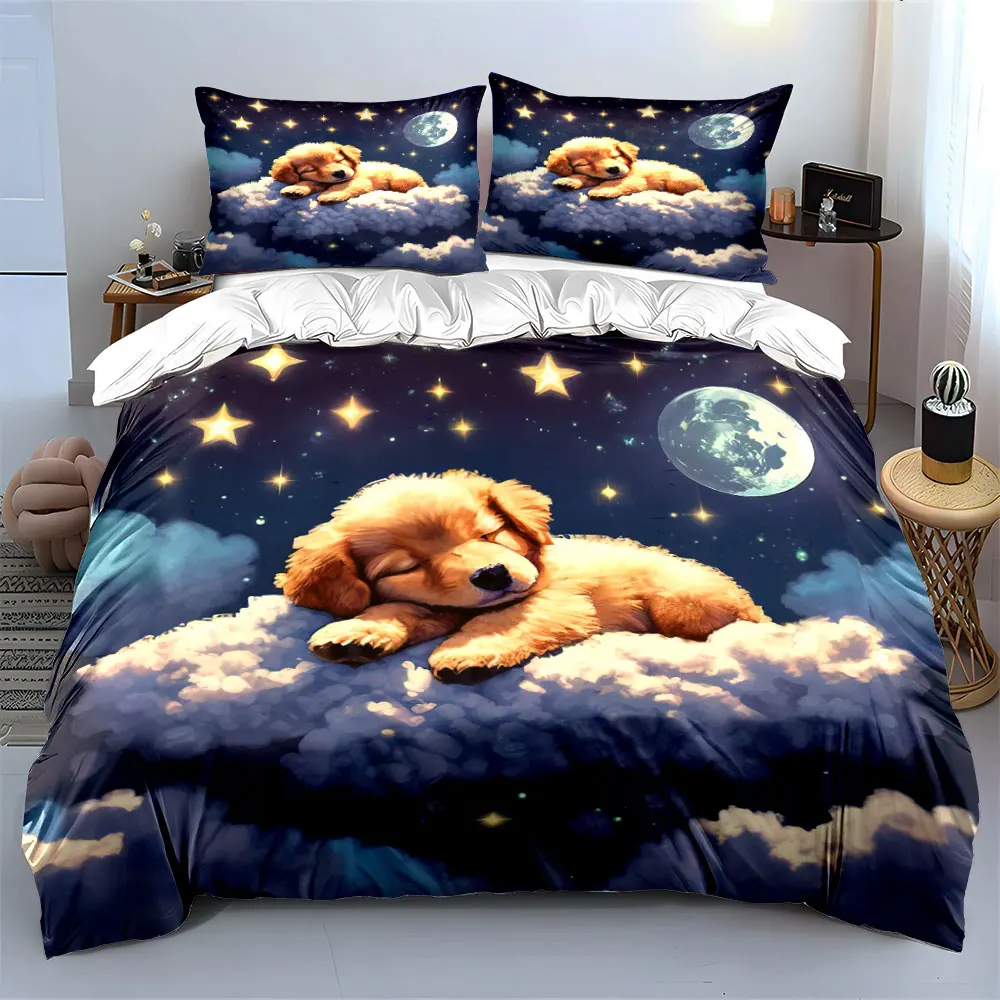 Night Sky Puppy Dreaming on Cloud Bedding Set for Kids Luxury Gift 3pcs Digital Print Comforter Set Soft Comfortable Breathable