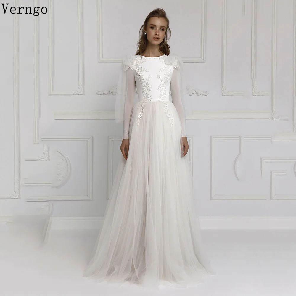 

Verngo White Tulle Appliques Evening Dress High O Neck Lining Full Sleeves Family Party Dress Maxi Israel Prom Dress Customized