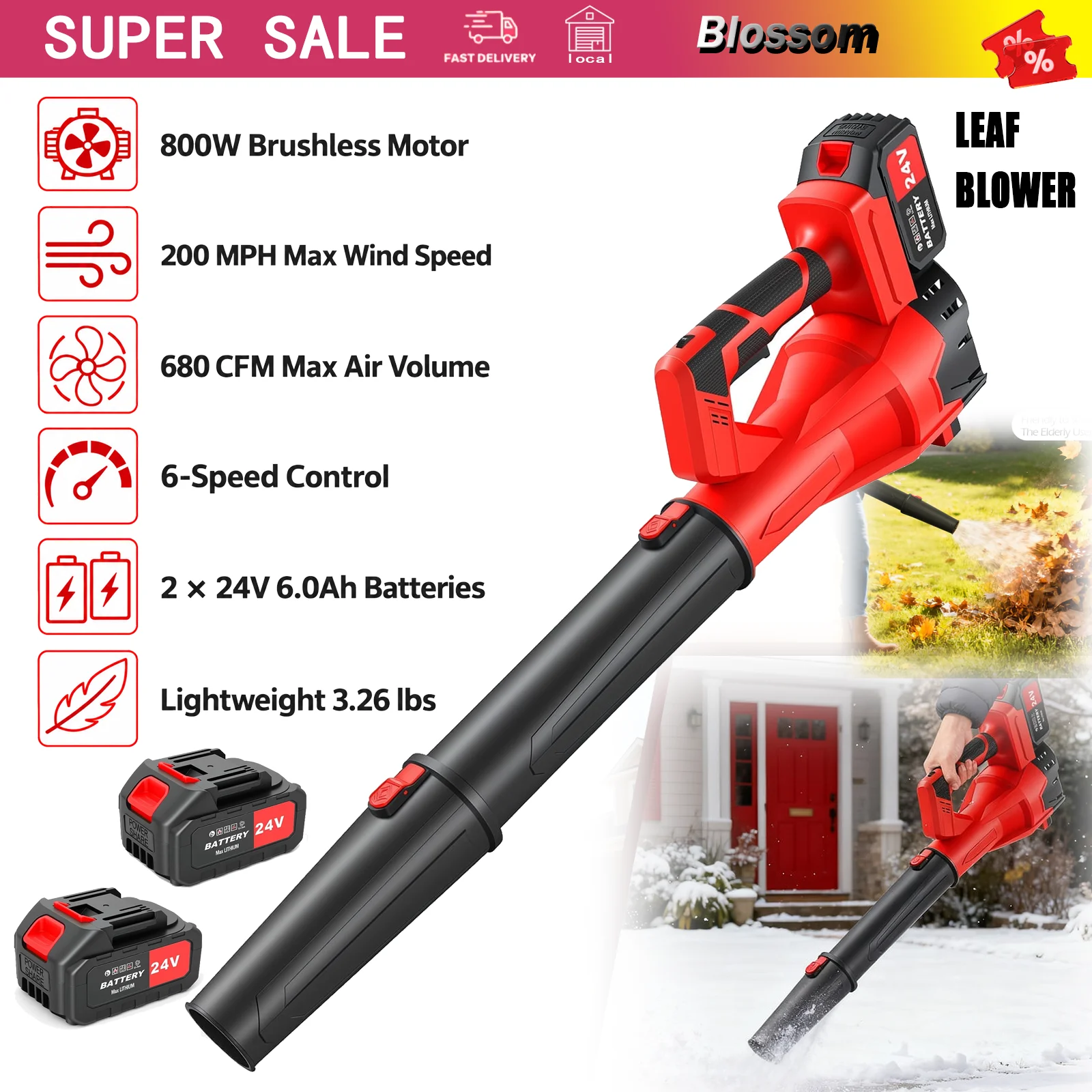 Blossom LEAF BLOWER-RED Soffiatore Foglie a Batteria, Motore Brushless 800W, 200 MPH, 680 CFM, 6 Velocità, 2 Batterie 21V 6Ah, Caricatore Rapido, Leggero per Giardino, Terrazza e Neve