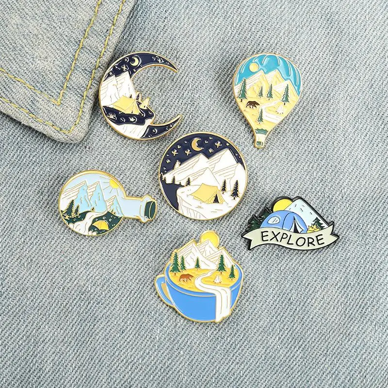 Camping Adventure Enamel Pins Custom Outdoors Explore Natural Scenery Brooch Lapel Badge Bag Cartoon Jewelry Gift for Kid Friend