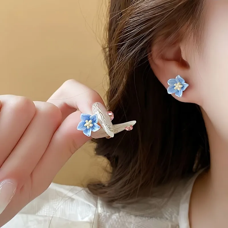 Magnetic Stud Flower Earrings Blue White Star Piercing Free Hypoallergenic for Women Girl Minimalist Korean Style Gift for Her