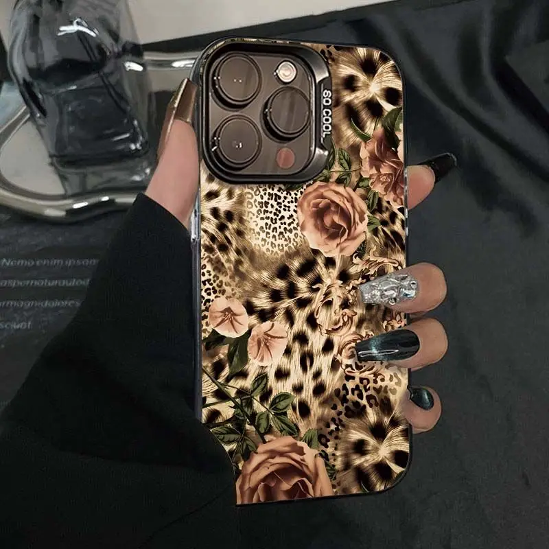 

Leopard print flower design phone case for iPhone 16 15 14 13 12 11 Pro/ Max/Plus shock-proof rear cover anti-fingerprint