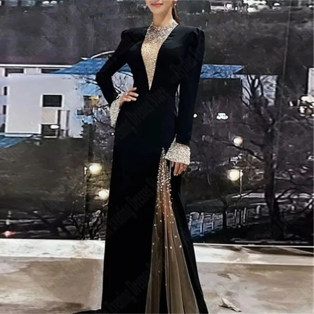 Vestidos De Noche con textura De encaje negro, Vestidos De fiesta personalizados De manga larga plisados transparentes, Vestidos De Noche sencillos con cuentas brillantes