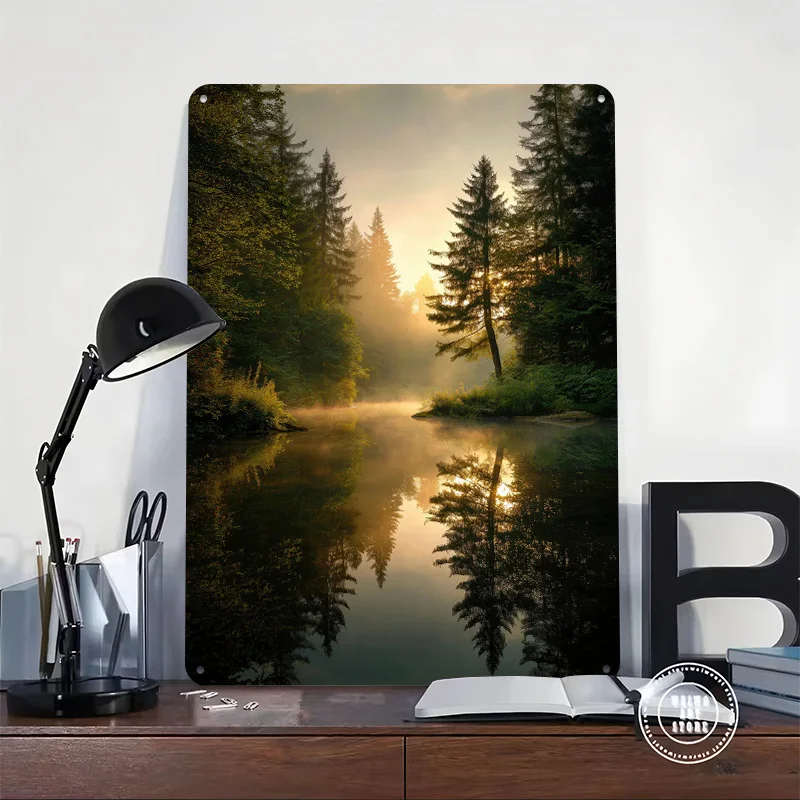 Sunrise Misty Forest Lake Poster Custom Wall Art Vintage Metal Signs Retro Tin Plaque for Man Cave Bedroom Decoration Gaming
