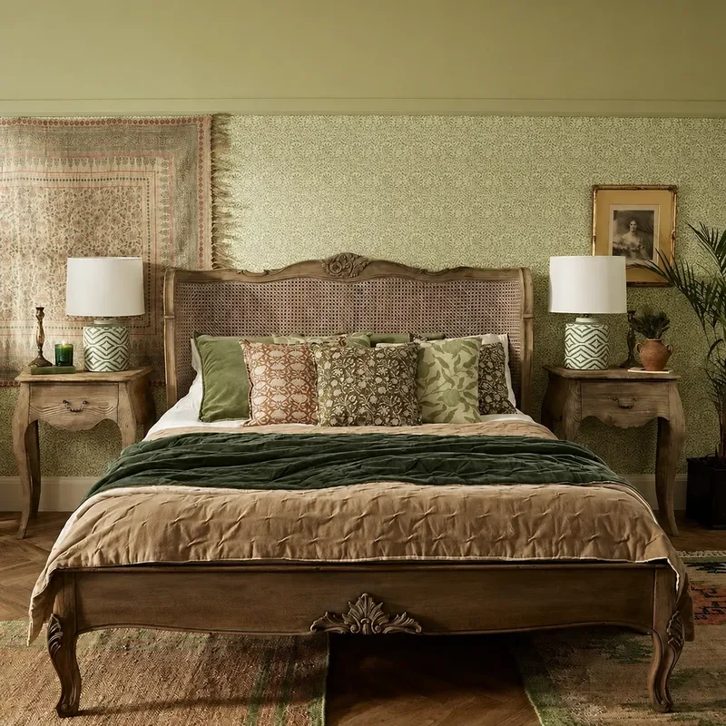 Retro Solid Wood Bed with Antique Rattan Carved Headboard 1.8m Double or 1.5m Single Bed for Master Bedroom Home Furniture