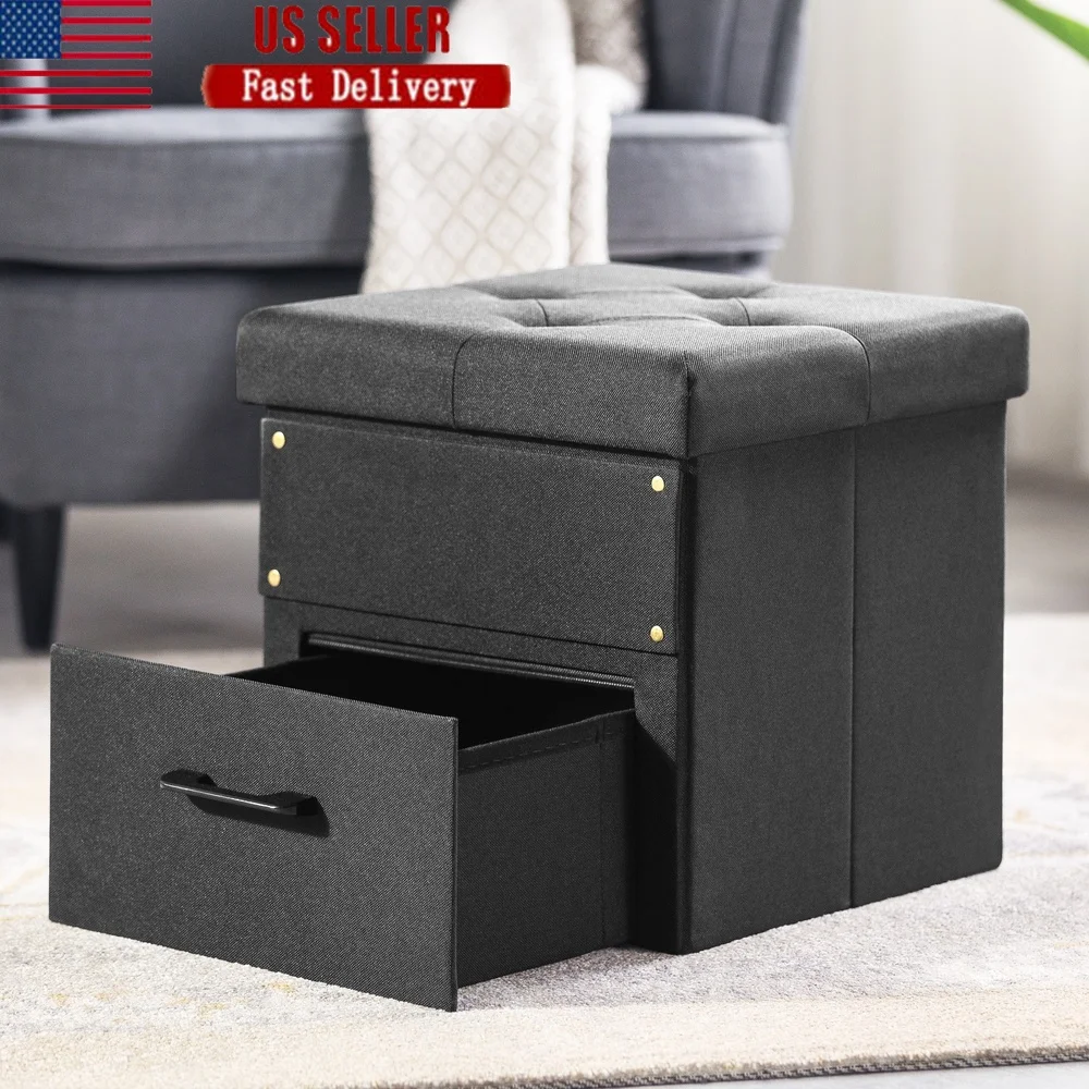 

15 Inch Ottoman with Storage Drawer Collapsible Design Foam Top Perfect Small Spaces Easy Assembly Indoor Use
