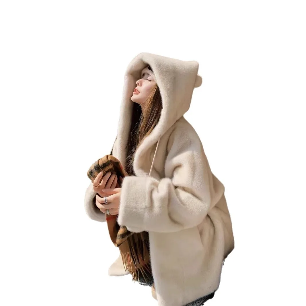 Cappotto in peluche di visone imitazione medio lungo spesso con cappuccio da strega con pelliccia integrata, pelosa ed ecologica per