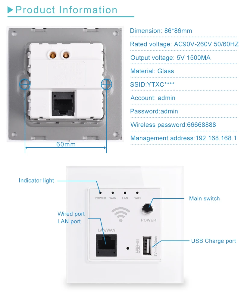 COSWALL C1 Series Glass Panel White 86*86mm 300M Wireless AP Router USB Charging Port 5V 1000mA Output Wall WIFI Routeur Socket