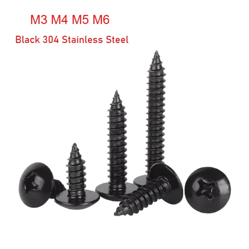 Black 304 Stainless Steel Cross Recessed Self-Tapping Screws Umbrella Head Mushroom Head Self-Tapping Wood Screws M3 M4 M5 M6